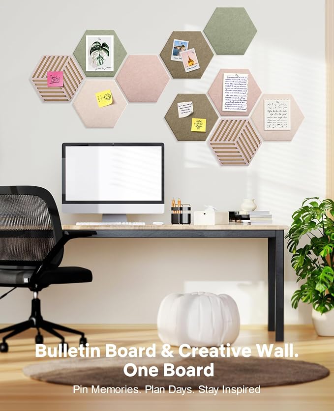Hexagon Cork Bulletin Board Tiles, Felt Pin Board | Wall Panels for Vision, Message Center, Picture and Prayer Board(Linen Dusk)