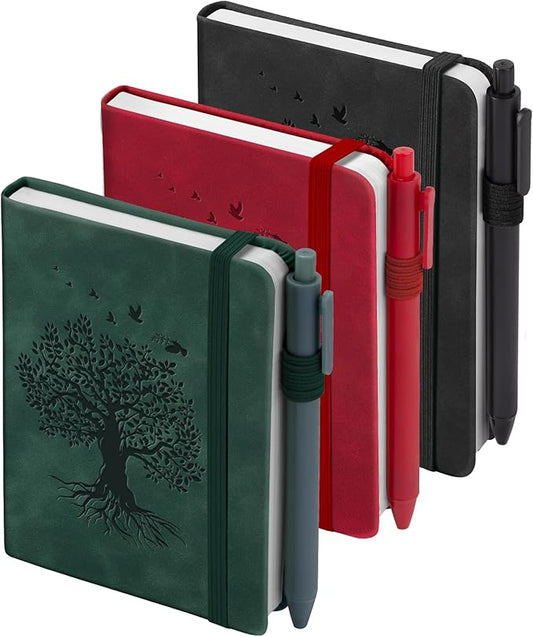 3 Pack Pocket Journaling Notebooks, A6 Small Notebook Total 360 Pages Journaling Notebooks For Note Taking Journals For Writing Mini Note Pads With Pen Holder 100 GSM Thick Paper Christmas Gifts(Green,Red,Black)