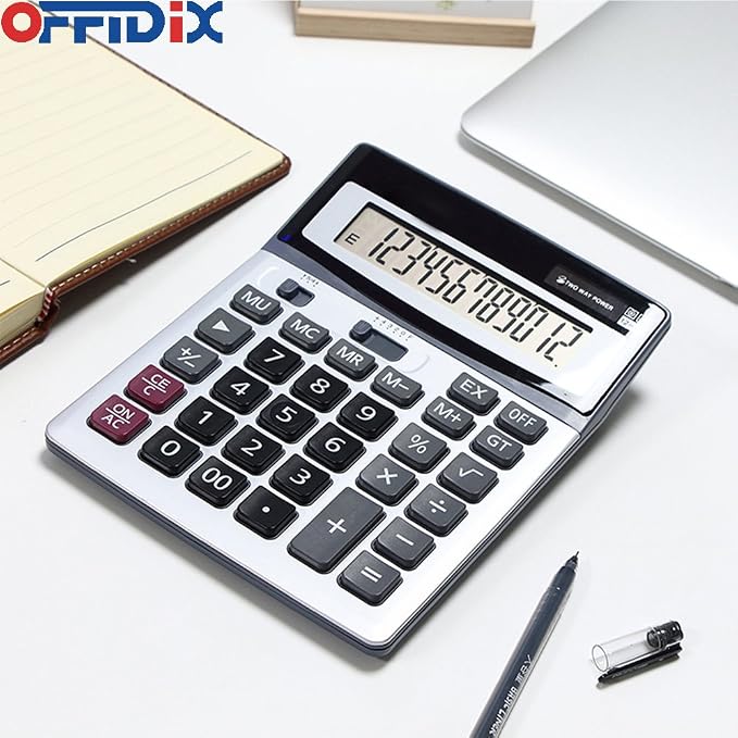 OFFIDIX 12 Digit Large Key Dual Power Electronic LCD Display Calculator | Office Big Calculator Portable Desk Calculator for Daily and Basic Office Ultra-Clear 12-Digit Display with Dual Power Backup