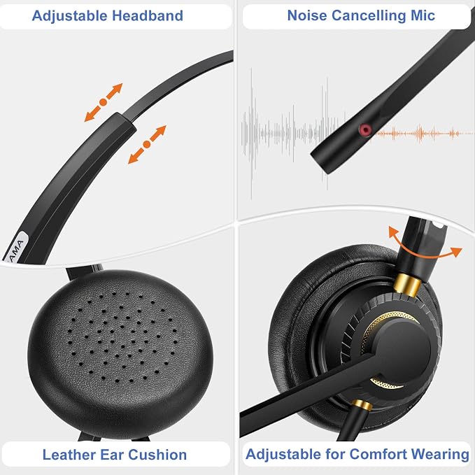 Arama Phone Headset for Office Phones for Polycom & Other IP Phones(A800S2) | Noise-canceling Mic, Metal Headband, Lightweight Design, Plug-and-play, Hands-Free, Call Center, Telemarketing, Office