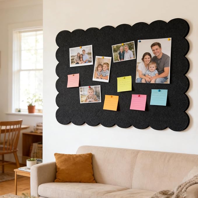 Foldable Decorative Scalloped Felt Bulletin Board 24 * 16 Inches for Wall, Alternative Photo Board Self-Adhesive Vision Board Decorative Pin Board for Wall (Black)