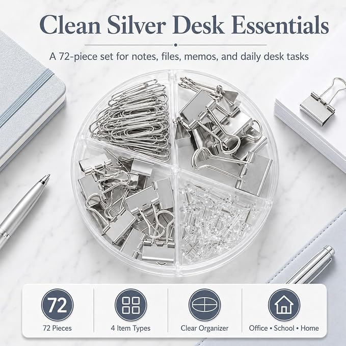 Paper Clips Binder Push Pin Set, Assorted Sized Binder Clips | Cute Office Supplies, Aesthetic Desk Accessories Teachers Desk Must Have, Paper Clips and Binder Clips Set, Silver, 1 Pack