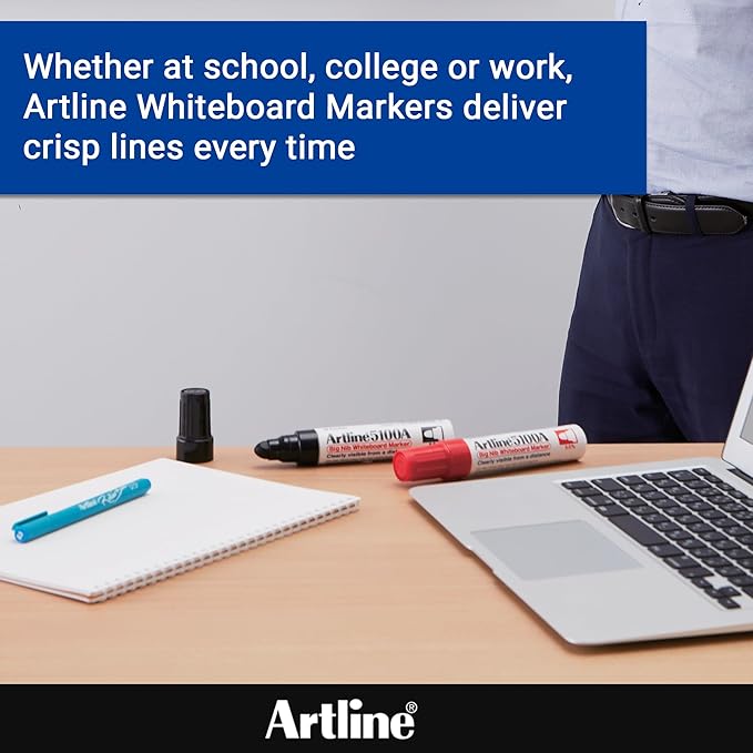 Artline 5100A Big Nib Magnum Whiteboard Dry Erase Markers, Extra Thick 5.0mm Bullet Tip, Readable from a Great Distance, Low Odor Colored Markers for School, Black, Red, Blue, Green, 4-Pack