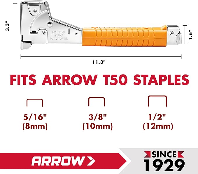 Arrow T50 Heavy-Duty Staple Gun, Manual Stapler | Chrome Steel, For Upholstery, Wood, Crafts, DIY and Professional Uses, Fits T50 1/4", 5/16", 3/8", 1/2" & 9/16" Staples