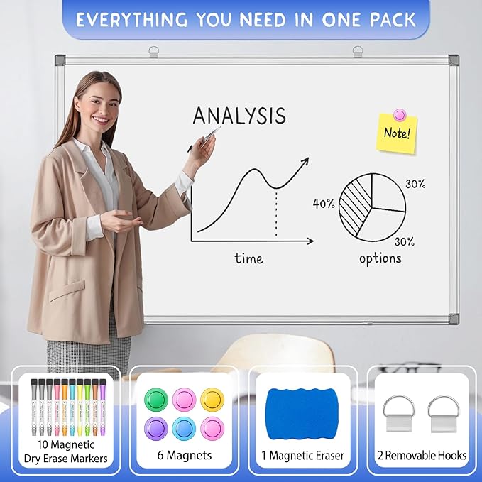 Grtard 36" x 24" Magnetic Dry Erase Board, Large Hanging Magnetic White Board with Aluminum Frame, Smooth Writing Presentation Whiteboard Suitable for Home, Office, Classroom & Kitchen