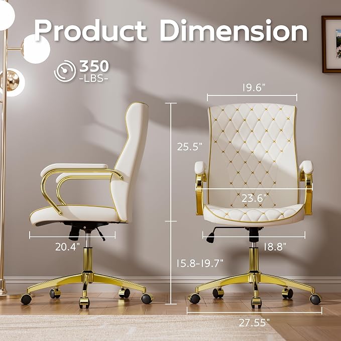 White and Gold Office Chair, Luxury Leather Executive Desk Chair | Elegant Timeless Appeal, Vintage Mid Back Styling with Wheels and Padded Arms, Thick High Density Foam Comfort