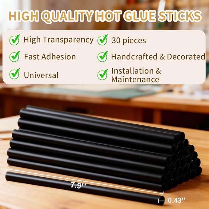 SUNFATT Black Hot Glue Sticks,(30 Pcs) 0.43" x 7.9" Full Size Glue Sticks Perfect for Hot Glue Gun,Easily Create and Bond Crafts on Wood,Plastic,Glass,Flowers,Fabrics,Foam,Jewellery.