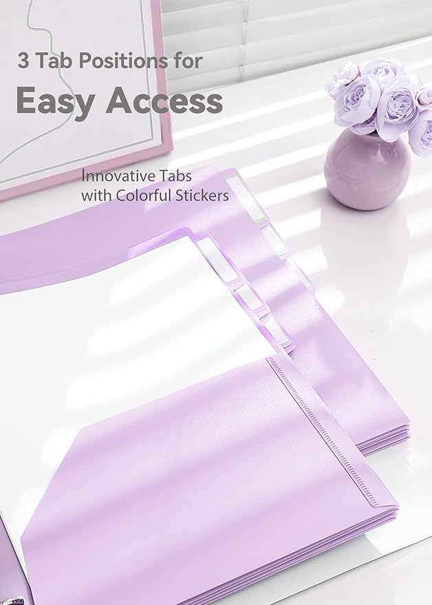 Plastic Folders with Pockets 3 Hole Punched, 6 Pack Purple Pocket Folders for 3 Ring Binder, Unique 1/3 Cut Tabs with Colorful Labels, Letter Size