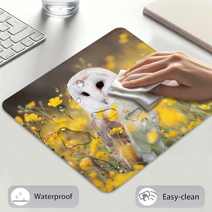 White Barn Owl Spring Yellow Wildflowers Mouse Pad, Cute Durable Desk Mat | Meadow Soft Floral Wildlife, Mousepad Stitched, Anti-Slip Base Smooth Surface, 9.5 x 7.9 Inches