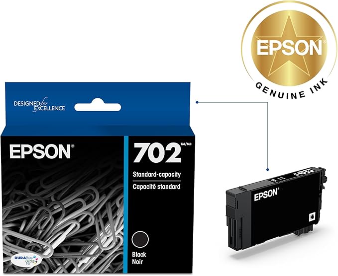 EPSON 702 DURABrite Ultra Ink Standard Capacity Black Cartridge (T702120-S) Works with WorkForce Pro WF-3720, 3730, 3733