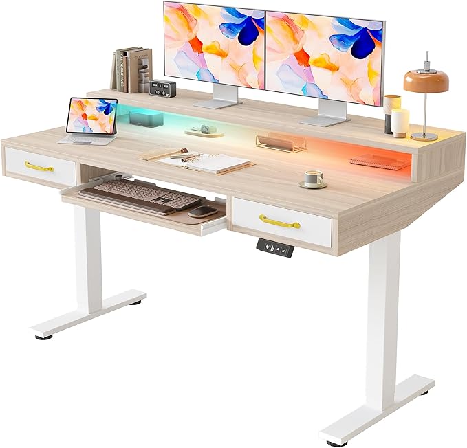 TIQLAB Standing Desk with Two Drawers, Stand Up Standing Desk Adjustable Height, Electric Sit Stand Table with Storage Shelf and Splice Board, with LED Light, 55 * 28 inch, Light Walnut