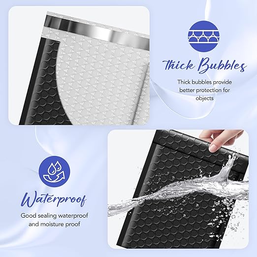 Fuxury Bubble Mailers 5x8.6" 50 Pack Black Waterproof Padded Envelopes Usable Size 5x7" Self Seal Bubble Envelopes Padded Mailers Shipping Bags for Mailing Jewelry Makeup Small Business