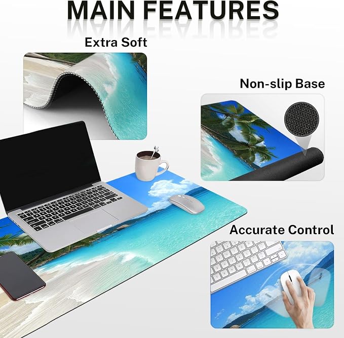 Arttown Keyboard Mouse Pad Set, 4 in 1 Desk Mat Set Tropical Beach Ocean | Summer Sunshine Large Mousepad+Keyboard Wrist Rest+Mouse Wrist Rest+Coaster Ergonomic Design for Home Office Computer