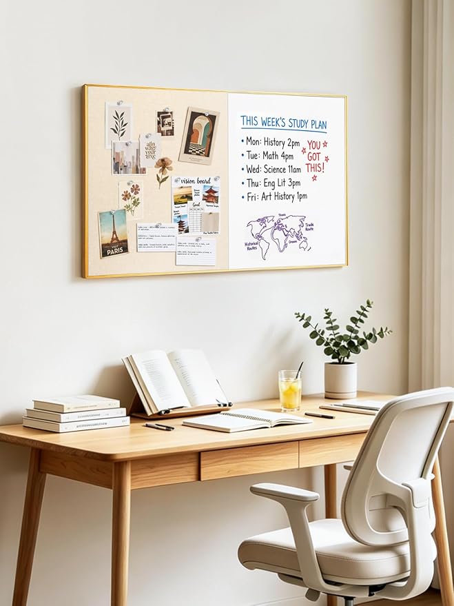 Dry Erase Cork Board Combo | 30"X20" Whiteboard with Linen for Wall, Magnetic Dry Erase Bulletin Board, Vision Board for Home, Office, School, Off White