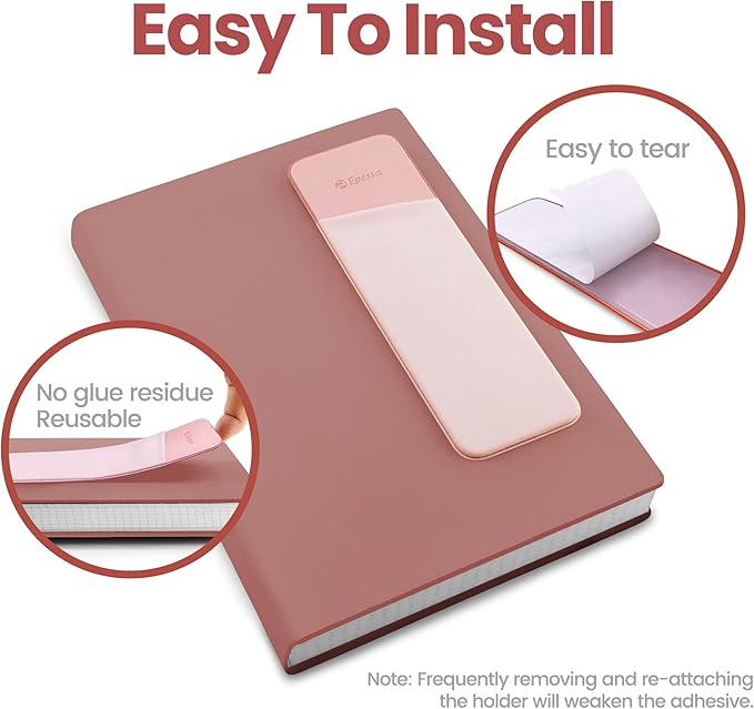 Epessa Stick-On Pen Holder for Notebook, Adhesive Pencil Sleeve Pouch for Hardcover Journals, Planners, Notebooks, Reusable Pen Pocket Organizer Easy to Remove (Pink)