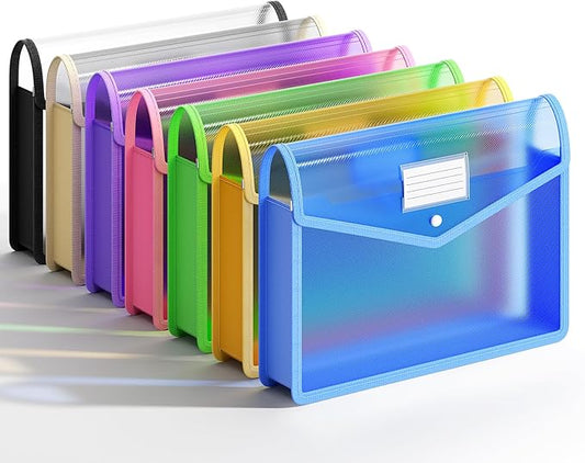 Plastic Expanding File Folder, Transparent Envelopes with Snap Closure | No Dividers, Large Capacity, Assorted Colors, Bills&Taxes, Fits Letter / A4 Size for School / Office / Home, 7 Pack