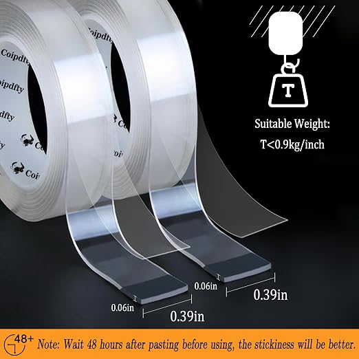 Double Sided Tape for Walls - Removable Poster Tape Mount - Heavy Duty Sticky Tape for Wall Hanging Pictures - Traceless, Washable Adhesive Tape (4 Rolls, 0.4" x 26ft)