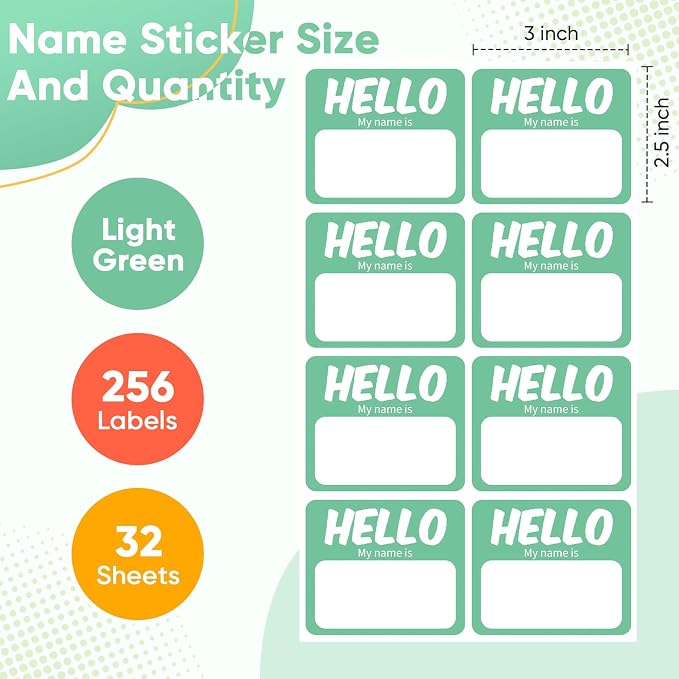 256 Pcs Name Tags Sticker 3"x2.5" Hello My Name is Stickers, Light Green Name Labels Adhesive Identification Name Badges for School, Office, Meeting, Family Parties, Mailing