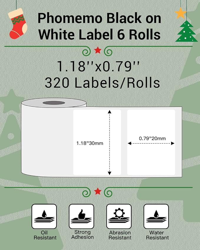 Phomemo Labels 6 Rolls,1.18" x 0.79", Use for M110/M100/M220/M108,1800 PCS | 30×20mm Square Thermal Stickers Labels for Kids & School, Barcode, Logo, Business, Home,Organization, Peptide Vial, White