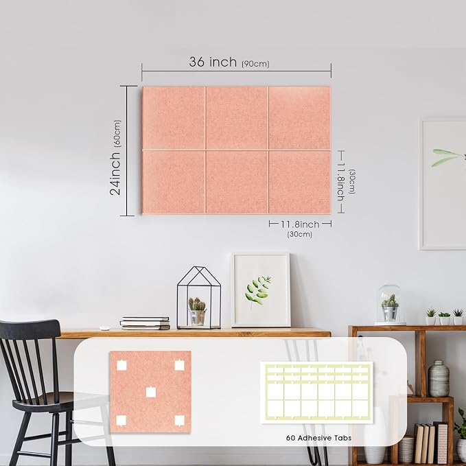 36" x 24" Large Felt Bulletin Board 1/2" Thick, Pink | 6 Pack Felt Tiles, Cork Board Alternative, 30 Adhesive Tabs, Pin Board for Home Office Decor with Easy Install