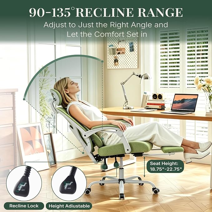 Ergonomic Office Chair with Footrest, Computer Gaming Chair | Adjustable Headrest, Lumbar Support, Swivel Reclining, Padded Armrest, Mesh High Back, Home Desk Work Study, Green