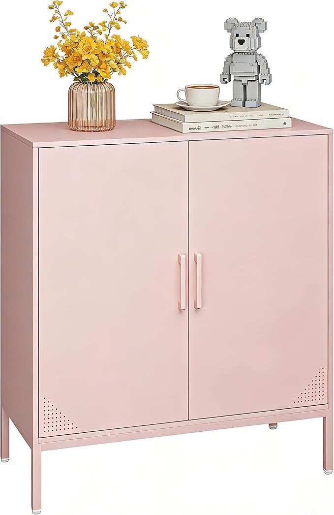 Metal Storage Cabinet,Storage Locker Cabinet with Shelves 2 Door Lockable Cabinet Pink Locking Tool File Cabinet Sideboard for Office, Garage, Bathroom