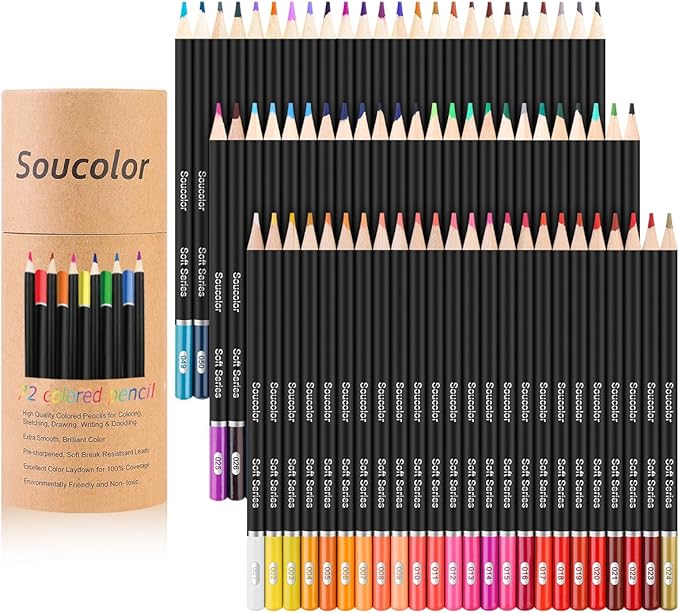 Soucolor 72 Colored Pencils Set - Premium Art Supplies for Adults Coloring Book - Vibrant Colors, Smooth Writing, Easy Blending and Shading, Perfect for Coloring Books, Sketching & Drawing Pads