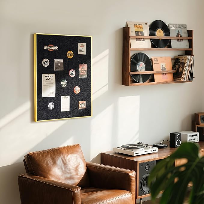 Linen Bulletin Board, 24"x18" Decorative Fabric Pin Board Vision Board | Gold Aluminum Frame, Upgraded Black Canvas Surface, Wall Mounted, for Home Office Bedroom Dorm Wall Decor