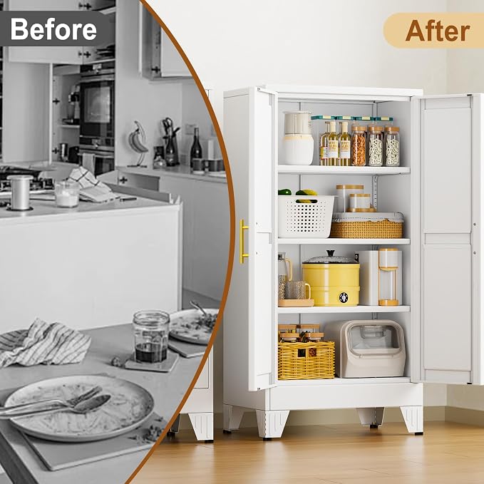 47" White Metal Storage Cabinet with 2 Doors and 3 Adjustable Shelves,Steel Garage Tool Cabinet, File Cabinet,Kitchen Pantry Cabinet for Home,Office,Garage,School,Warehouse