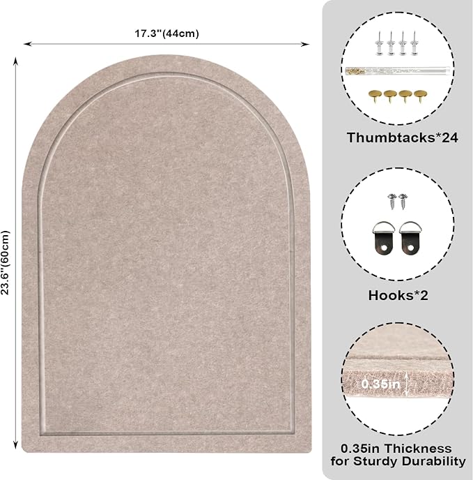 Arched Felt Bulletin Board, Sized 24" x 18" Cork Board Alternative Grooved Edge Foldable for Office & Wall, Foldable Picture Self-Adhesive Boards with Pins Hooks for Photo Display School Home, Camel