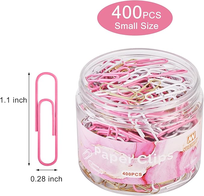 NEEWAY 400pcs Small Pink Paper Clips, 1.1 Inch Paper Clip, Ceative Colored Paperclips for Paperwork Office School and Personal Use