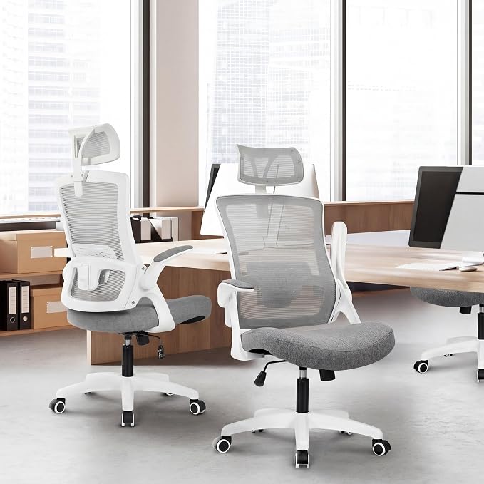 NEO CHAIR Office Desk Chair with Ergonomic High Back Mesh Headrest, Grey | Adjustable Headrest and Lumbar Support with Flip-Up Armrests Designed for Extended Sitting Comfort While Saving Space