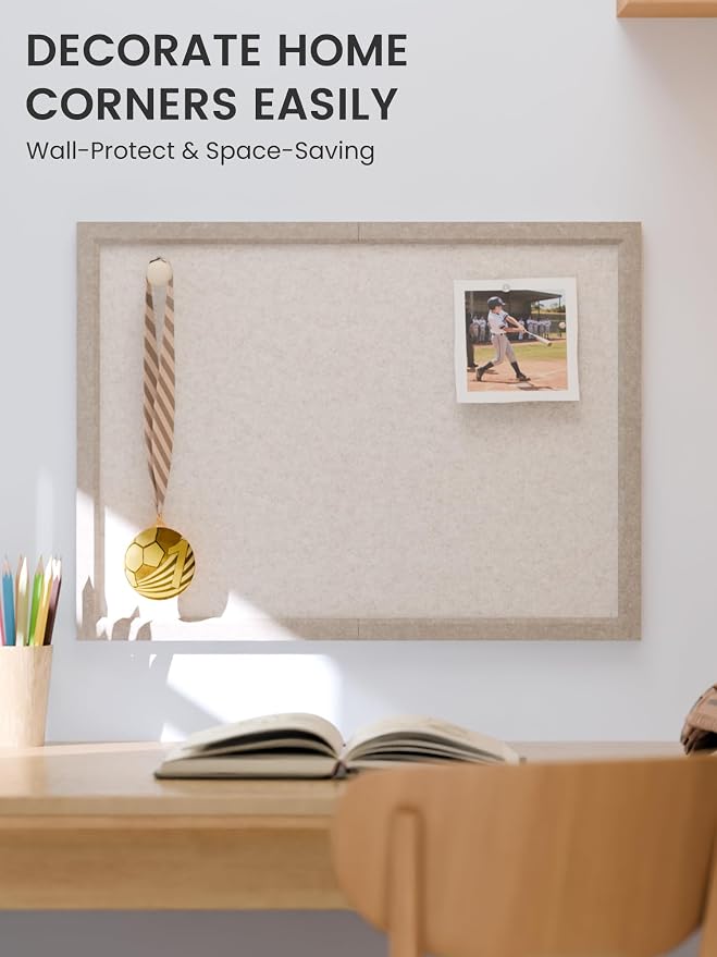 Fluxynara 23.6" x 17.1" Felt Frame Bulletin Board, Oatmeal | Cork Board Alternative with 12 Removable Adhesive Tabs, Foldable Pin Board for Wall, Home, Office, Classroom & Dorm