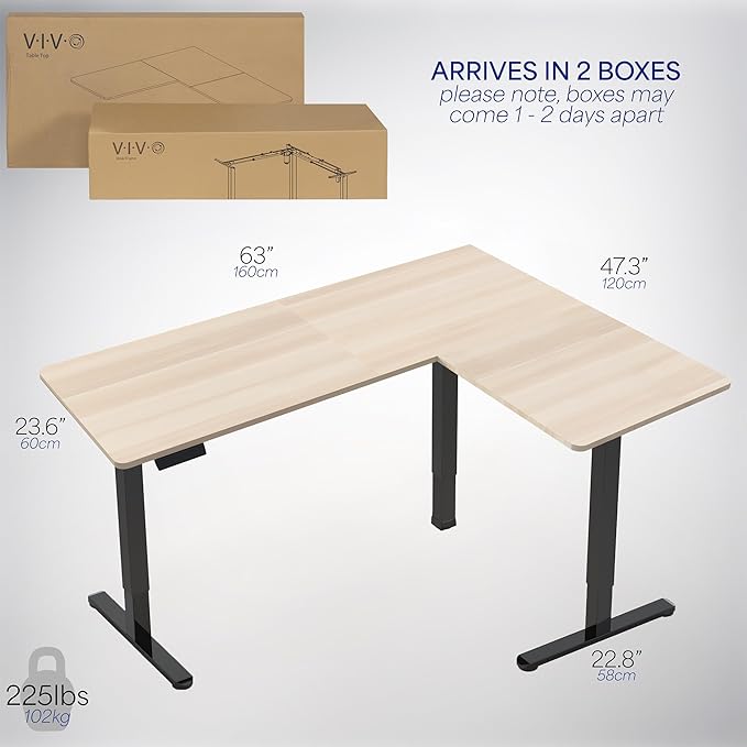 VIVO Corner Standing Desk, 63 x 47 inch Reversible L-Shaped Workstation, Electric Height Adjustment, Home, Office, and Reception Rooms, Light Wood Table Top Black Frame, DESK-E3CTC-47