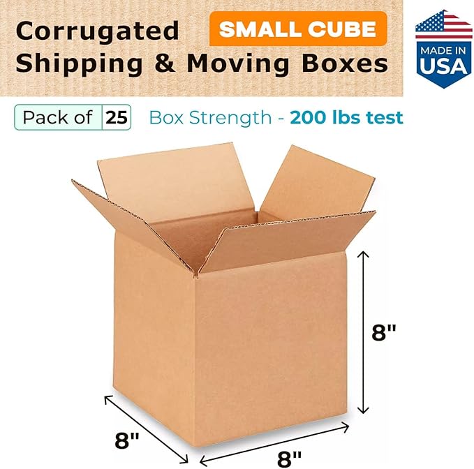 Small Cube Moving & Shipping Boxes 8"L x 8"W x 8"H (25-Pack) - Extra Strength 200 lb vs Regular - USA-Made Corrugated Boxes for Packaging Moving Supplies - Moving Box - Small Box by IDL Packaging