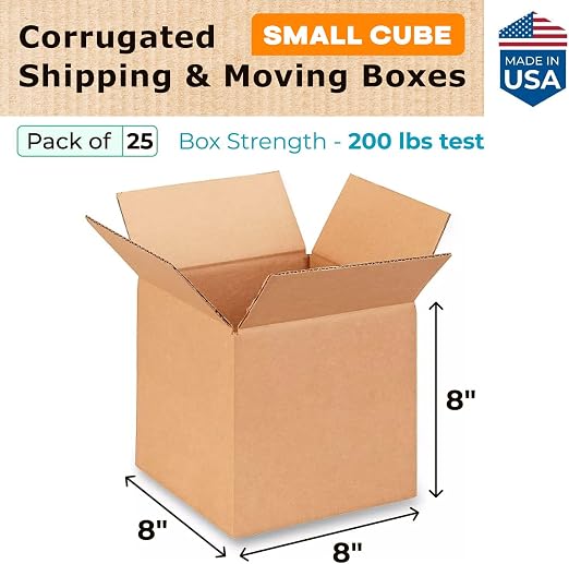 Small Cube Moving & Shipping Boxes 8"L x 8"W x 8"H (25-Pack) - Extra Strength 200 lb vs Regular - Corrugated Boxes for Packaging Moving Supplies - Moving Box - Small Box by IDL Packaging | Extra Strength 200 lb vs Regular - Corrugated Boxes for Packagi...