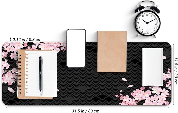 Gaming Mouse Pad with Anti-Slip Rubber Base, Extended Large Computer Mouse Mat with Stitched Edges, Long XL Anime Mousepad for Laptop and Keyboard, 31.5 x 11.8 inch (Black Cherry Blssom)