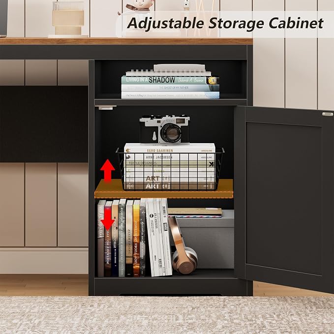63" Farmhouse L Shaped Desk with Drawers & Printer Shelf for Home Office | Corner Computer Desk with Storage, Power Outlets, L Shaped Office Desk with Monitor Stand, Printer Shelf, Brown & Black
