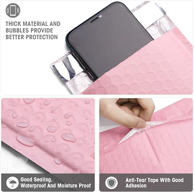 Metronic 4x8 Inch Bubble Mailer 50 Pack, Waterproof Self Seal Adhesive Shipping Bags, Cushioning Padded Envelopes for Shipping, Mailing, Packaging, Light Pink Bulk #000, Bubble Mailers Usable Size 4x7