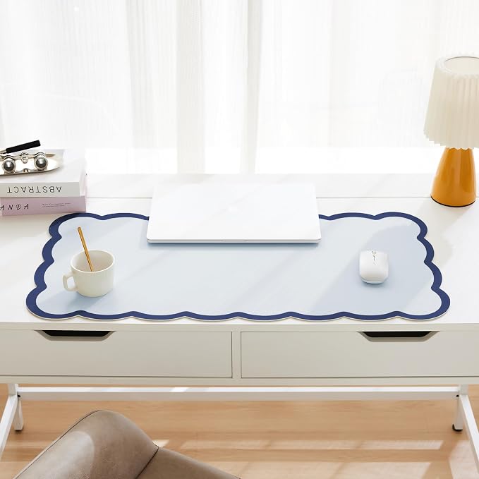 Scalloped Desk Mat, 31.5" x 15.7" Navy Blue Large Cute Aesthetic Desk Accessories, PU Leather Computer Laptop Desk Mouse Keyboard Pad, Desk Writing Mat for Vanity/Work/Home Decor Ocean