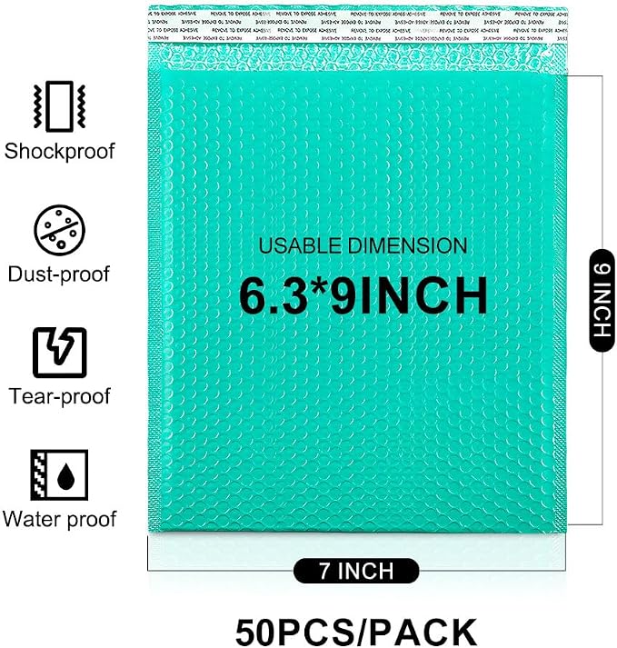Koja Extra Thick Padded Bubble Mailers, 6x10 in, 25-Pack, Green | Usable interior size 6x9 in. Self-seal closure for secure packaging. Ideal for shipping and small business mailing.