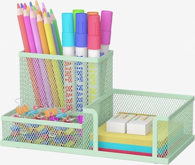 Pen Holder Desk Organizer, Office Supplies Pencil Holder with 3 Compartments, Desk Accessories and Workspace Organizers for Home School Classroom, Green
