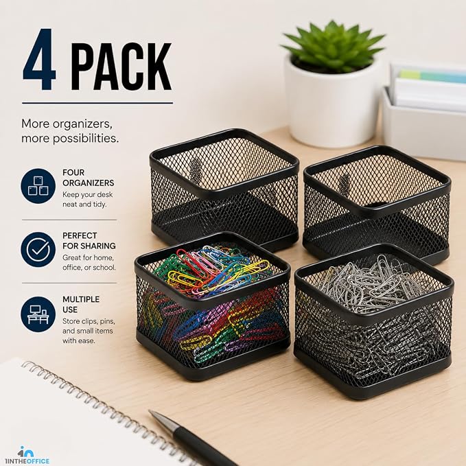 1InTheOffice Mesh Paperclip Holder For desk, Paperclip Holder Desk Accessories Holder (4 Pack)