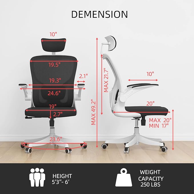 Monhey Office Chair, Ergonomic Office Chair with Lumbar Support & 3D Headrest & Flip Up Arms Home Office Desk Chairs Rockable Computer Chair Multi-Angle from 90° to 130° with 350LBS CapacityChair