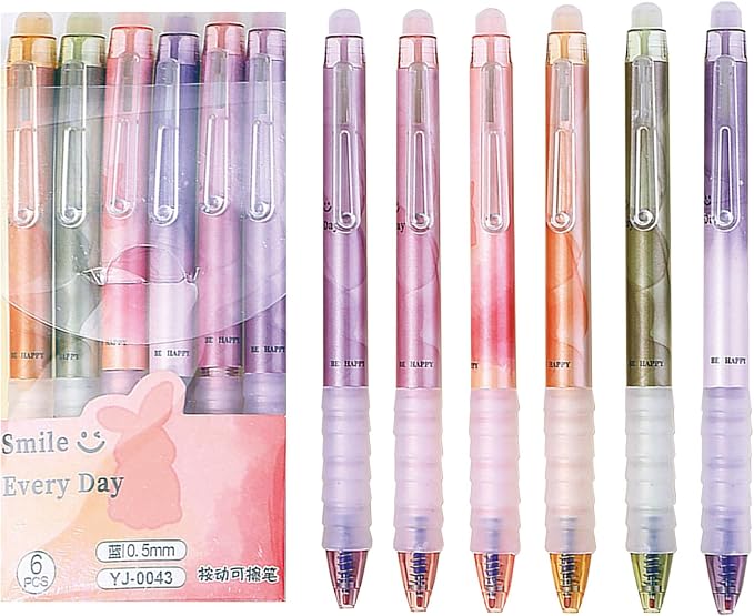 MOZXIRZ 6 Pcs Erasable Gel Ink Pens Retractable Pens 0.5mm Blue Ink Pen Office School Supplies Cute Aesthetic Pen (Blue Ink-Colorful)