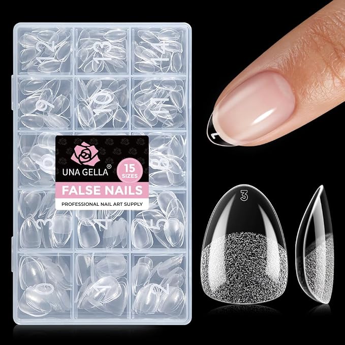UNA GELLA Extra Short Almond Nail Tips, 15 Sizes Pre-Shaped Full Cover | 300Pcs Flexible Soft Gel Clear XS Almond Tips for DIY Press on Nails, for Daily Wear, Art Design & Salon Use