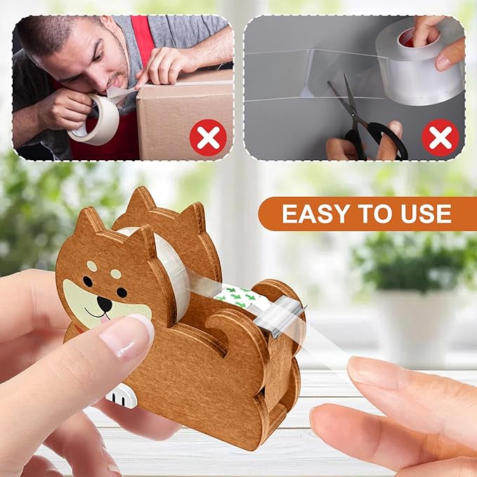 Wooden Tape Dispenser Desk - Cute Adorable Animal Design for Desk Organizing, 2-Pack Set Office & School Supplies (Black and Brown) (Dog)