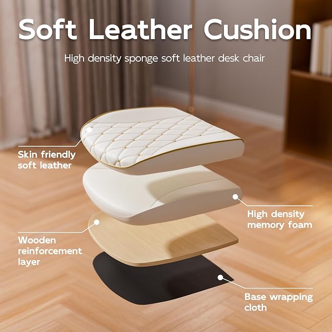 White and Gold Office Chair, Luxury Leather Executive Desk Chair | Elegant Timeless Appeal, Vintage Mid Back Styling with Wheels and Padded Arms, Thick High Density Foam Comfort