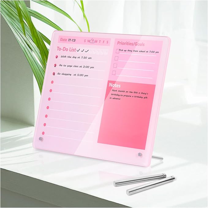 Desktop Thickened Acrylic Dry Erase Board to do List Planner Board，12"x10"，Tabletop Whiteboard with Stand，Frameless Pink Dry Erase White Board，for Office/Home/School