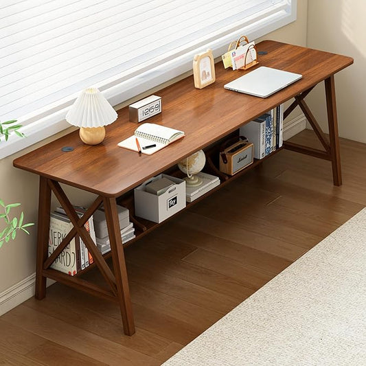 Extra Long Desk with Bookshelf - Wooden Home Office Work Study Table, 2-Person Writing Computer Workstation with Storage Shelf in Walnut, 71" Wx20 Dx30 H